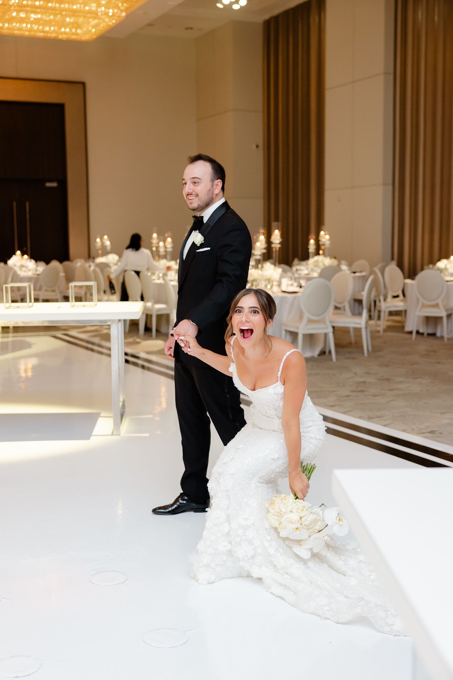 Sequence of wedding photos showing bride and groom sharing playful moment on dance floor during reception.