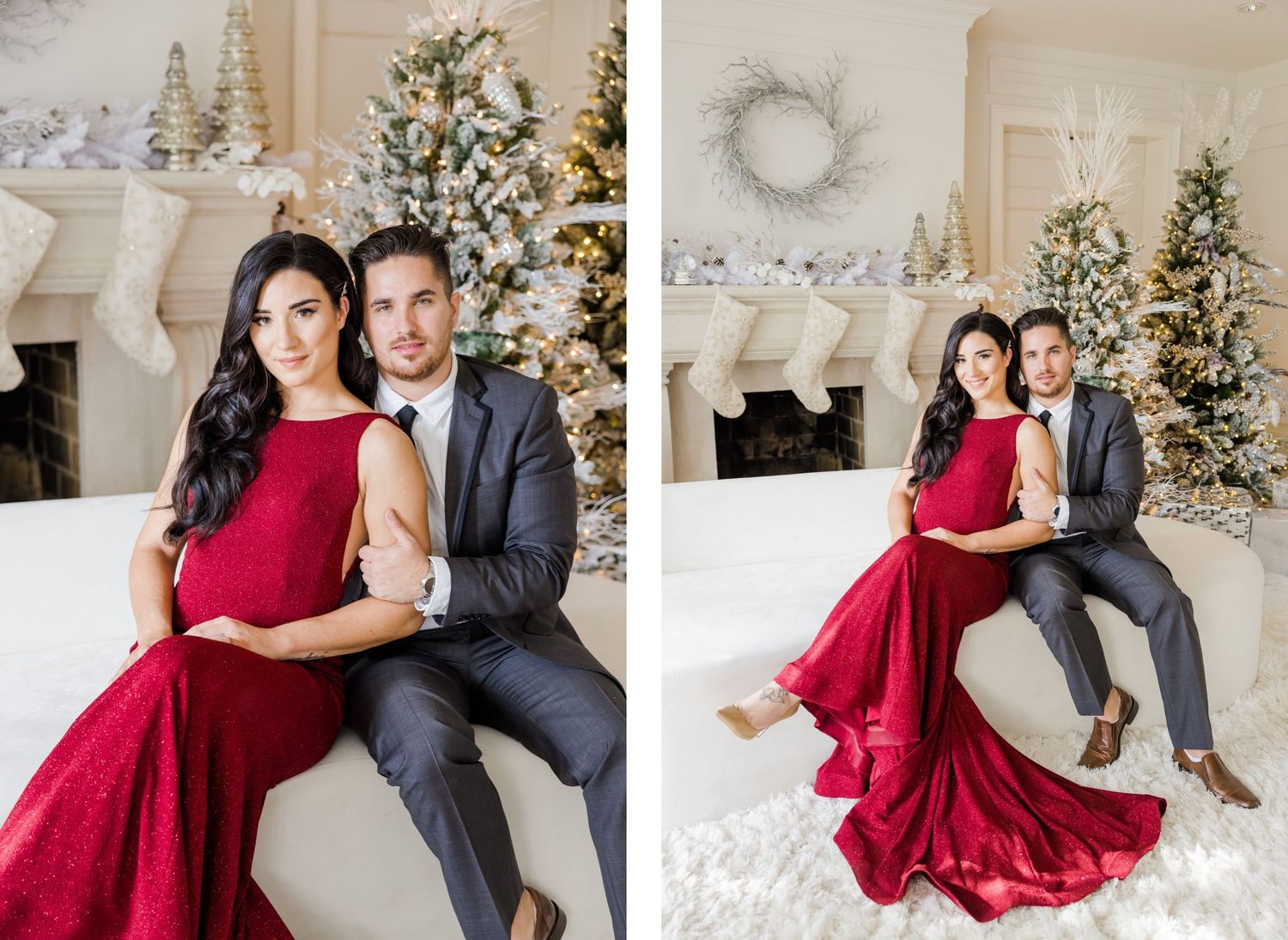 Holiday couple photos showing contrasting red dress and grey suit in white Christmas themed room.
