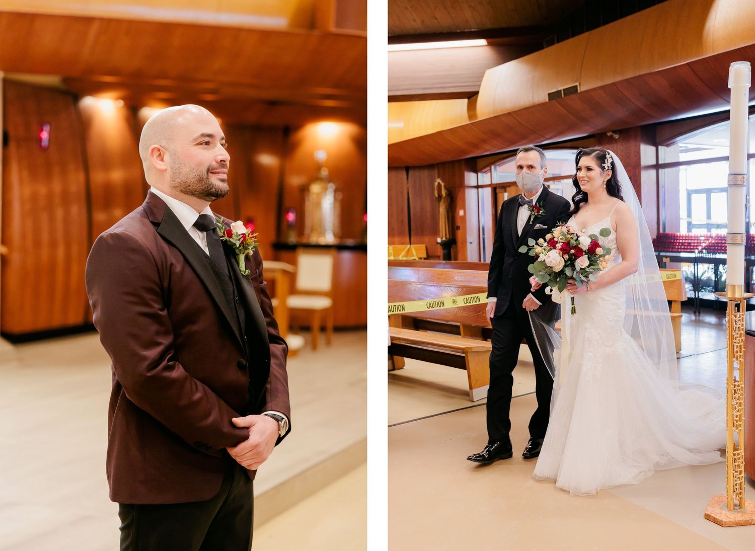 Wedding party members in formal attire standing inside a wood-paneled church interior.