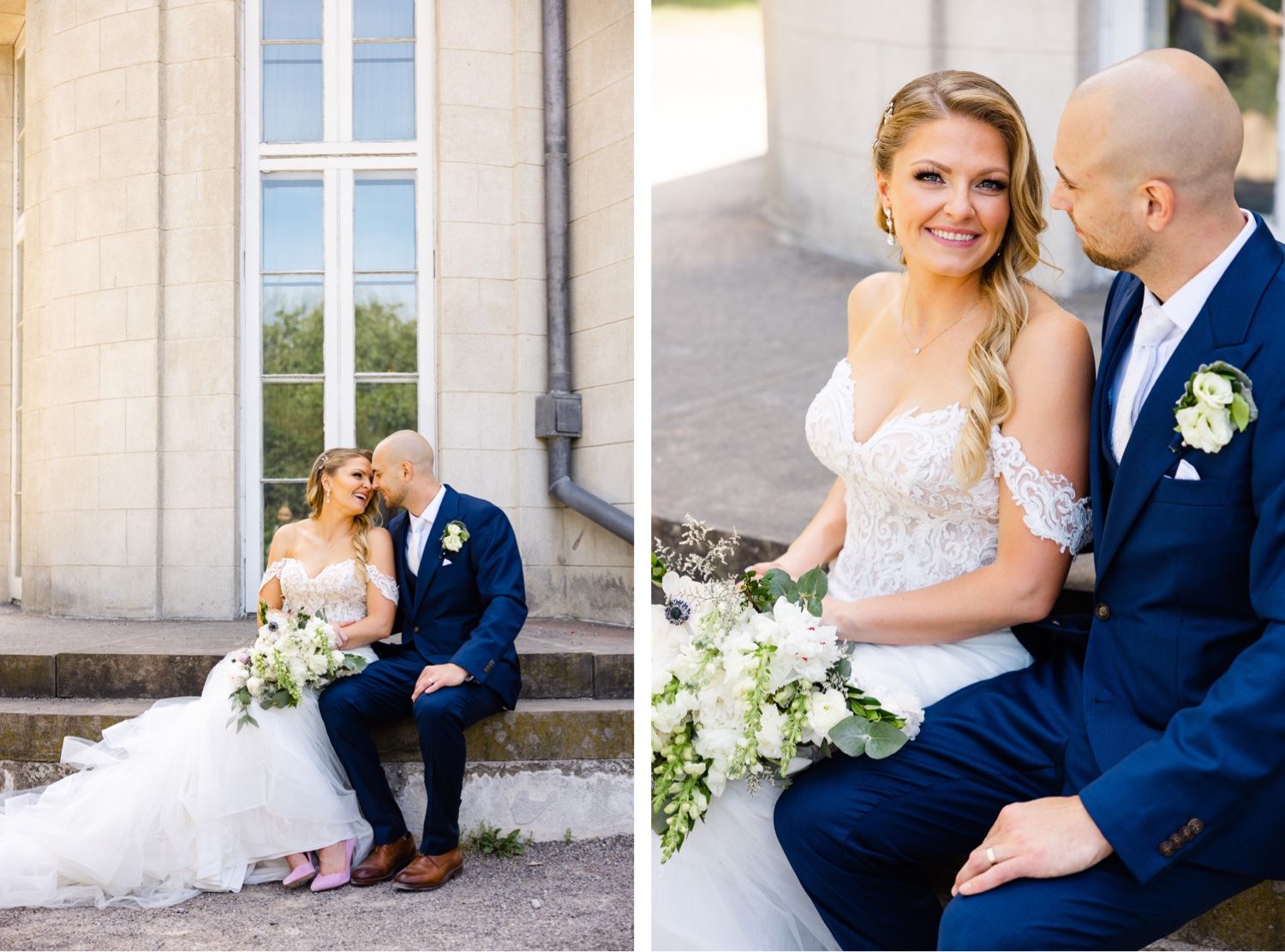 Wedding couple sharing intimate moments in dual photo composition.