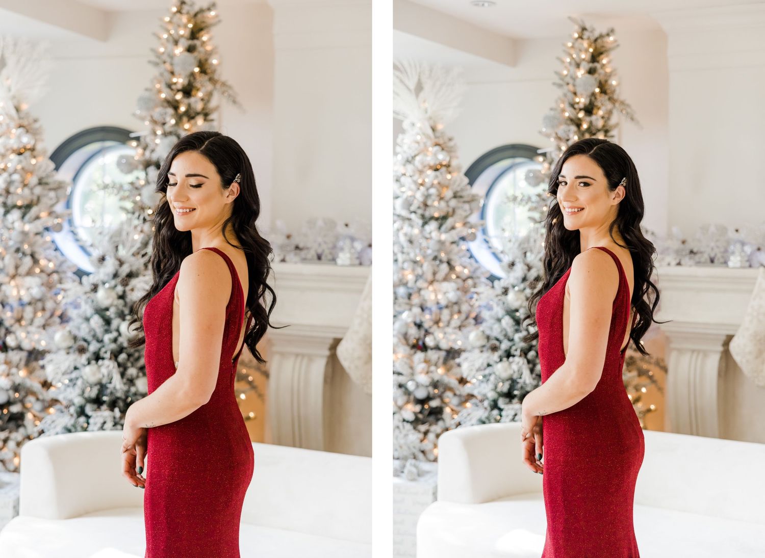 Side profile views of woman in red formal dress against festive holiday decor backdrop.