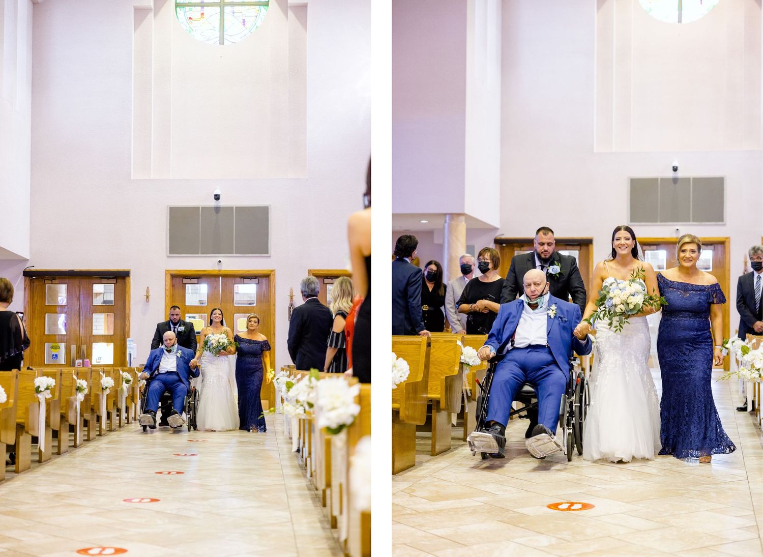 Wide shot of wedding ceremony aisle with guests seated in wooden pews.