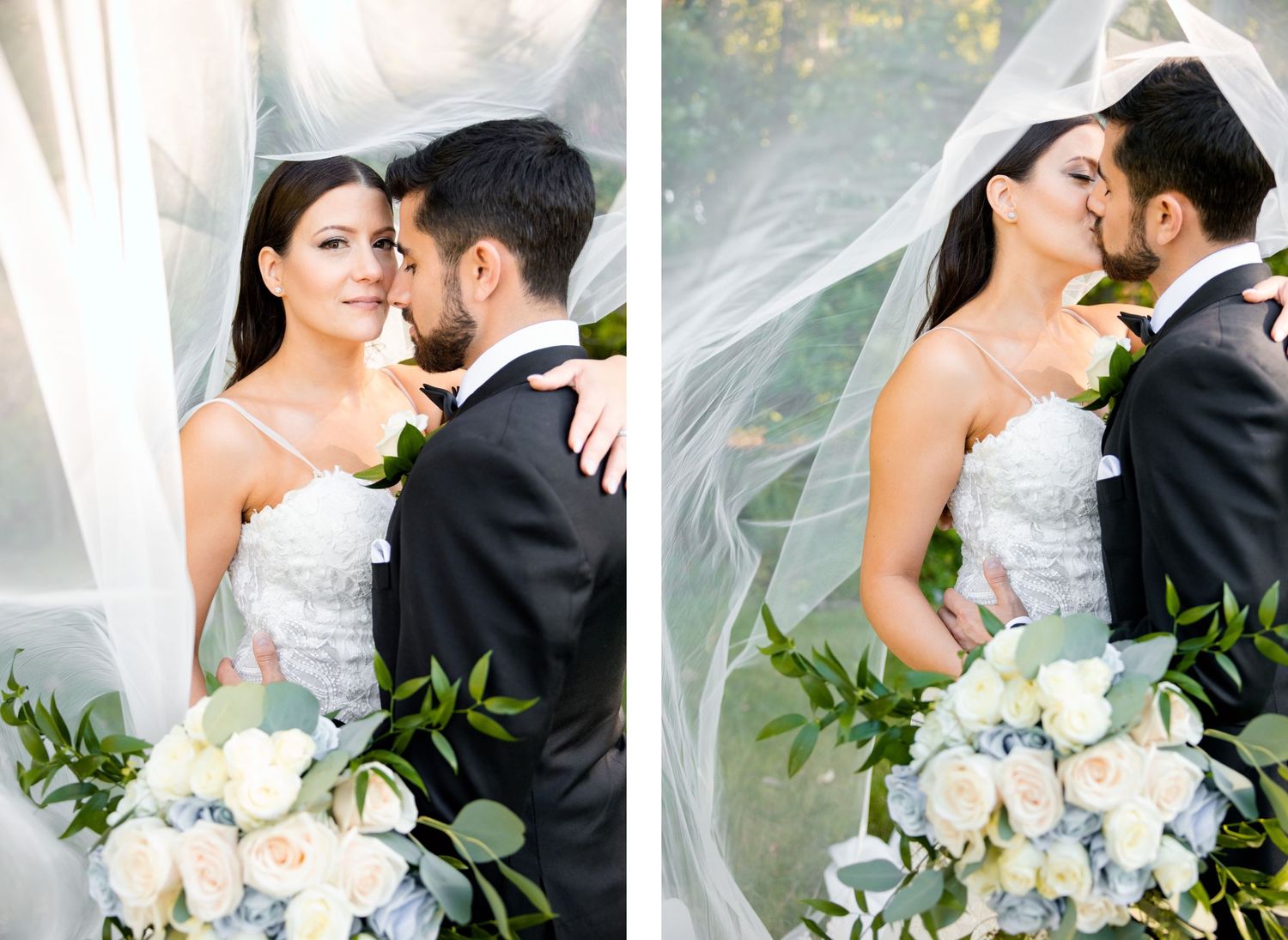 Two romantic wedding portraits show tender moments between newlyweds with elegant white florals.