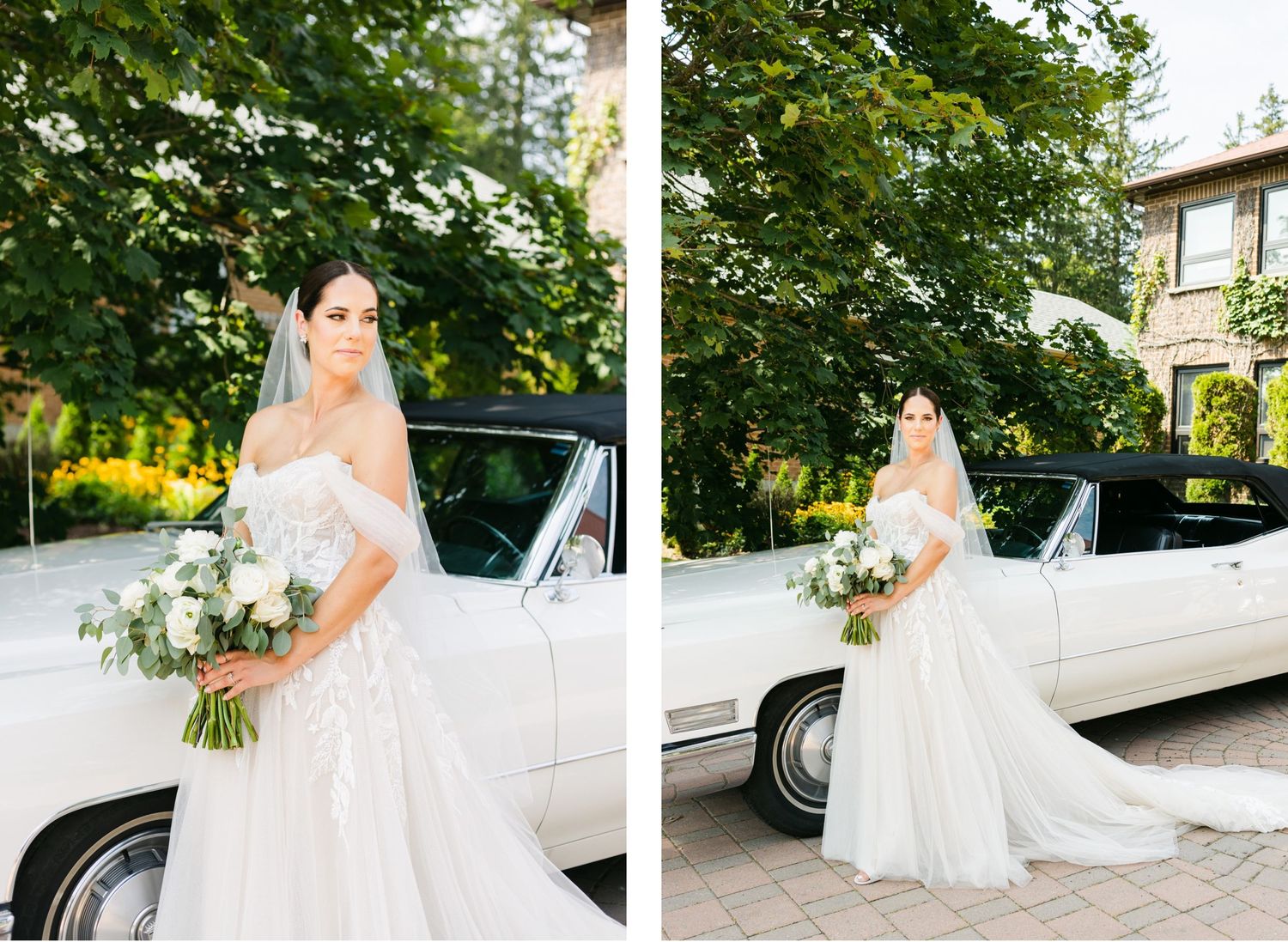 Side-by-side bridal portraits with flowing white gown and vintage car backdrop.