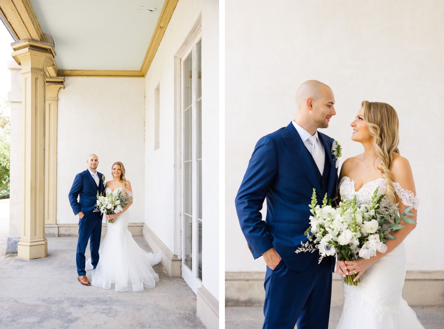 Elegant wedding portraits on classic white columned porch in formal attire.
