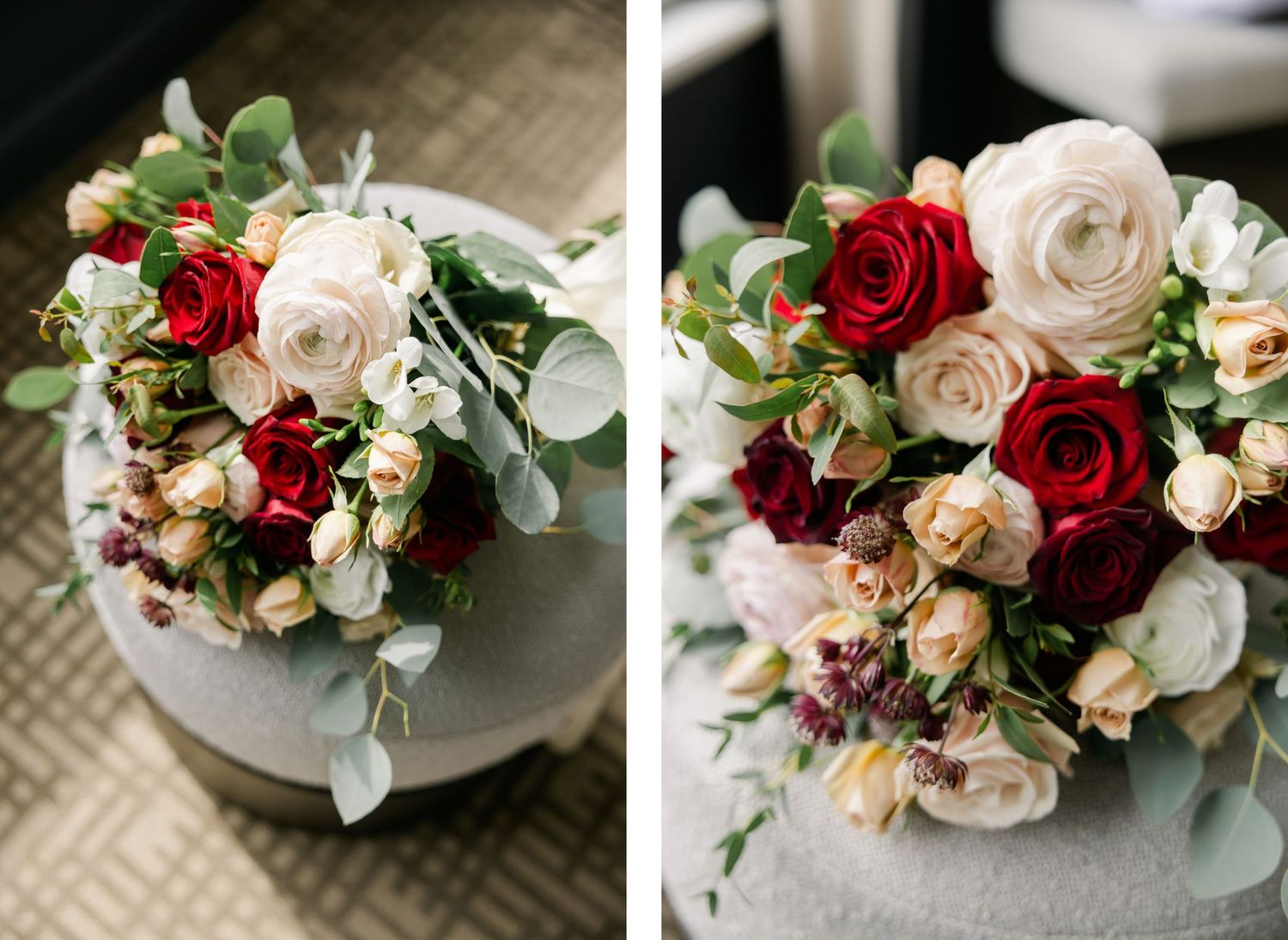 Beautiful wedding bouquet with red and white roses arranged on grey surface.
