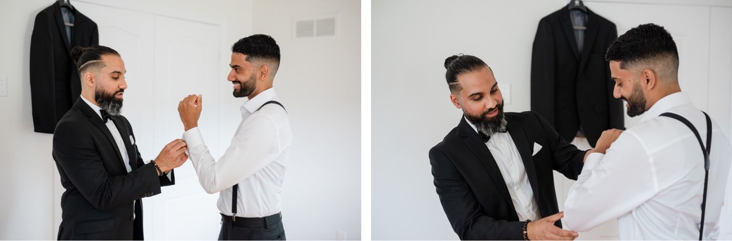Two gentlemen help each other get ready before a formal event.