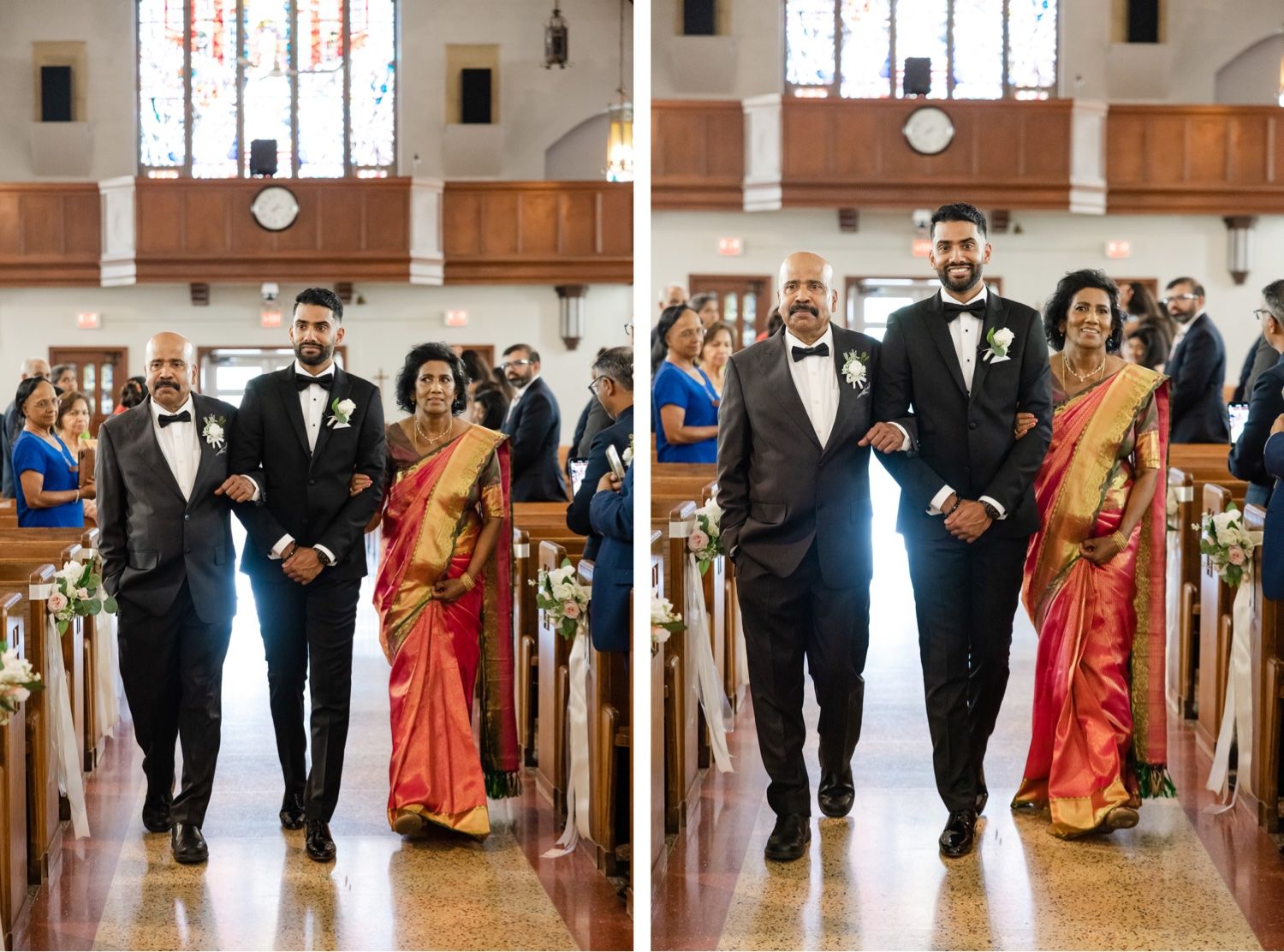 Wedding ceremony processional in church aisle with traditional and cultural formal attire.