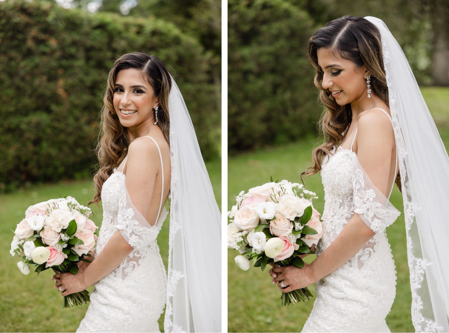 Wedding photo showcases a stunning lace gown and cathedral veil against a garden backdrop.