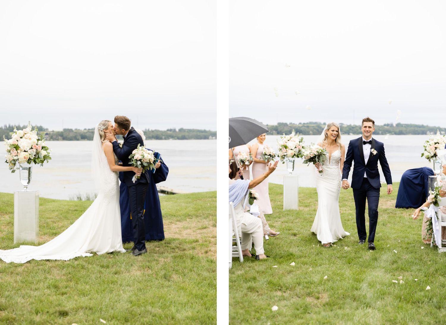 Wedding party celebrates during outdoor ceremony with lake backdrop and umbrellas.