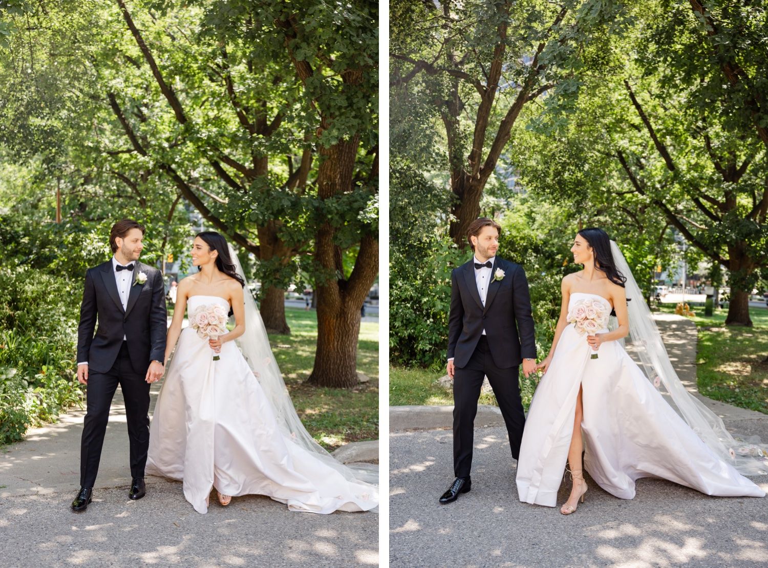 Elegant wedding couple poses on park pathway showing dress details in two similar shots.