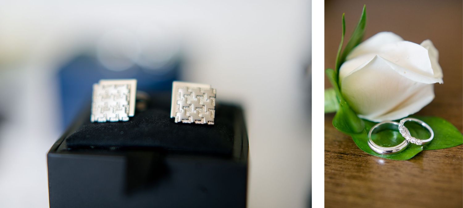 Silver square cufflinks and wedding rings displayed with a white rose.