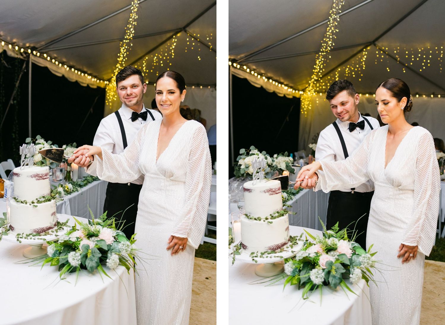 Double photo of couple standing next to their elegant wedding cake with floral decorations.
