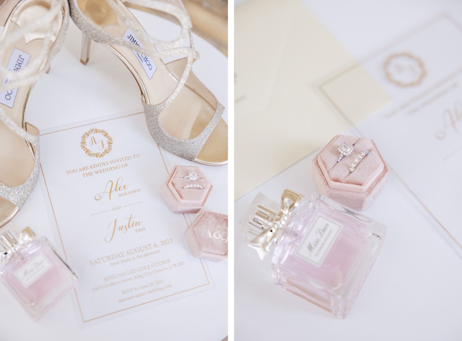 Wedding stationery details with pink perfume bottle and invitation suite.
