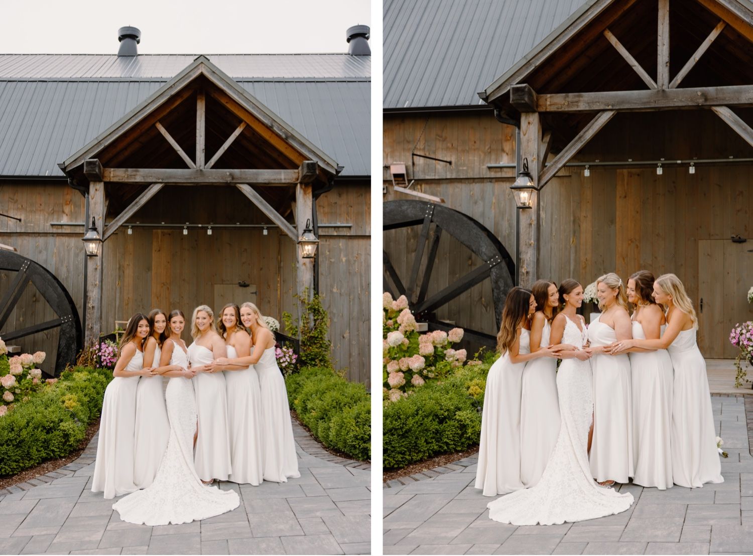 Bridal party group photos taken at different angles in front of a rustic barn entrance.