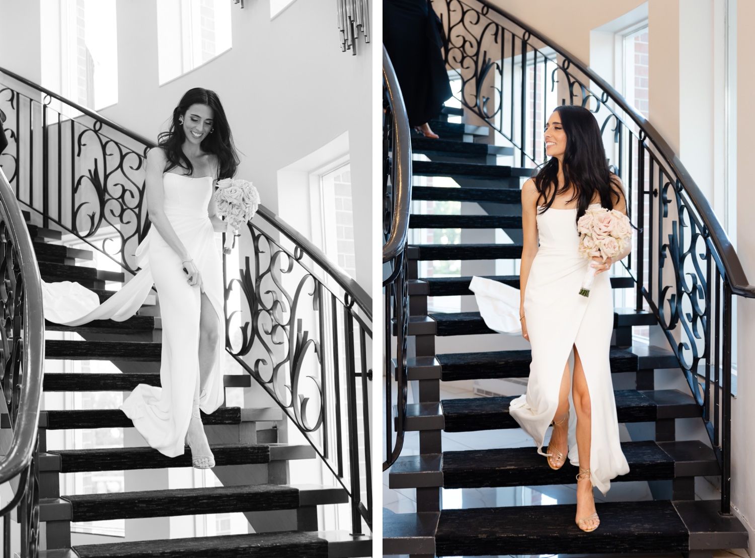 Elegant portraits on black and white staircase with ornate iron railings.