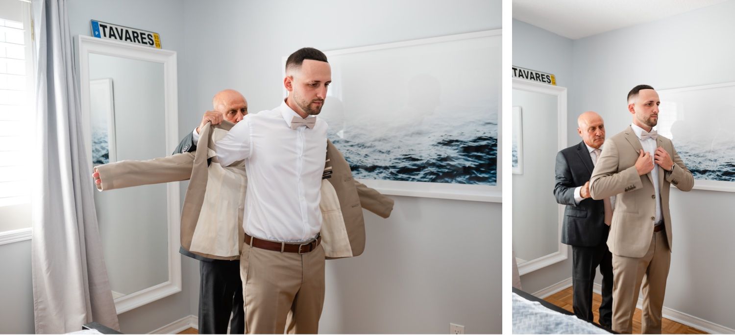 Wedding preparation scenes showing final adjustments to formal attire in a bright interior space.