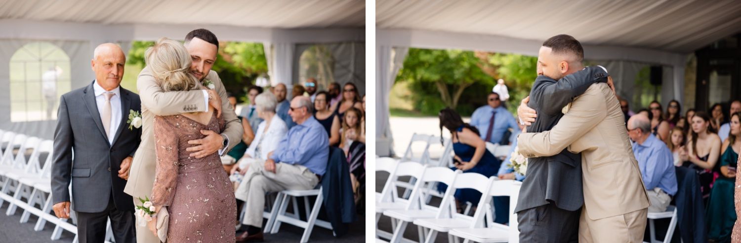 Emotional moments captured during a wedding ceremony under a white tent.