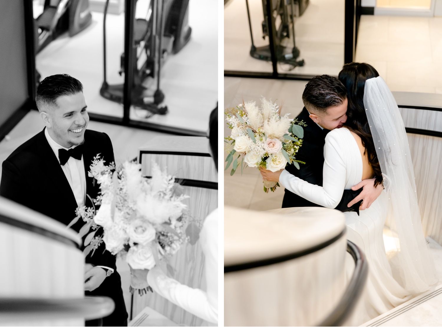 Two emotional first look moments captured in black and white and color on marble stairs.