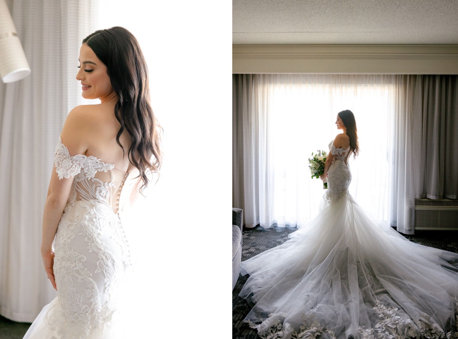 Elegant mermaid wedding gown with lace details and dramatic train in window light.