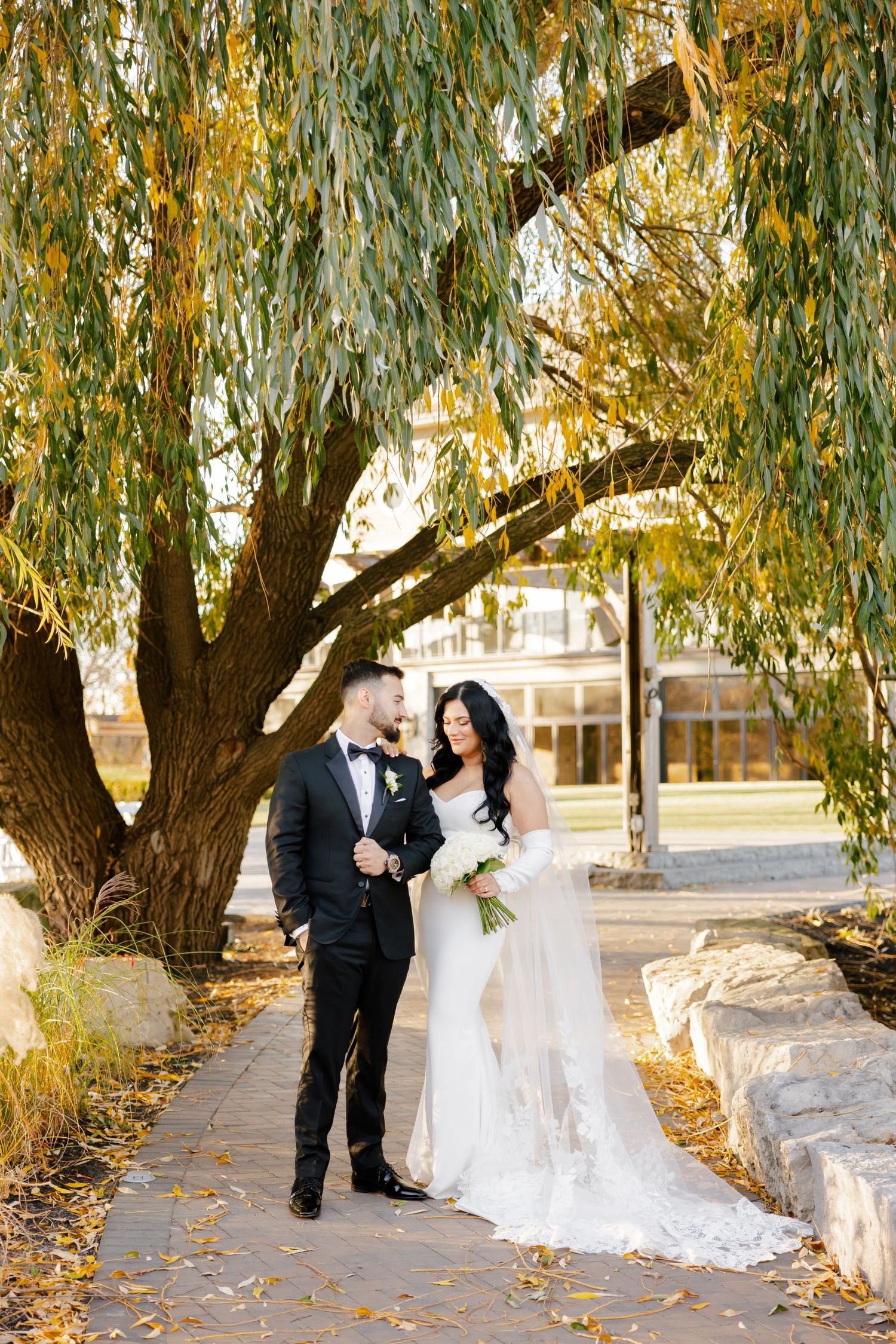 Wedding portrait under a majestic willow tree with soft autumn lighting and stone pathway.
