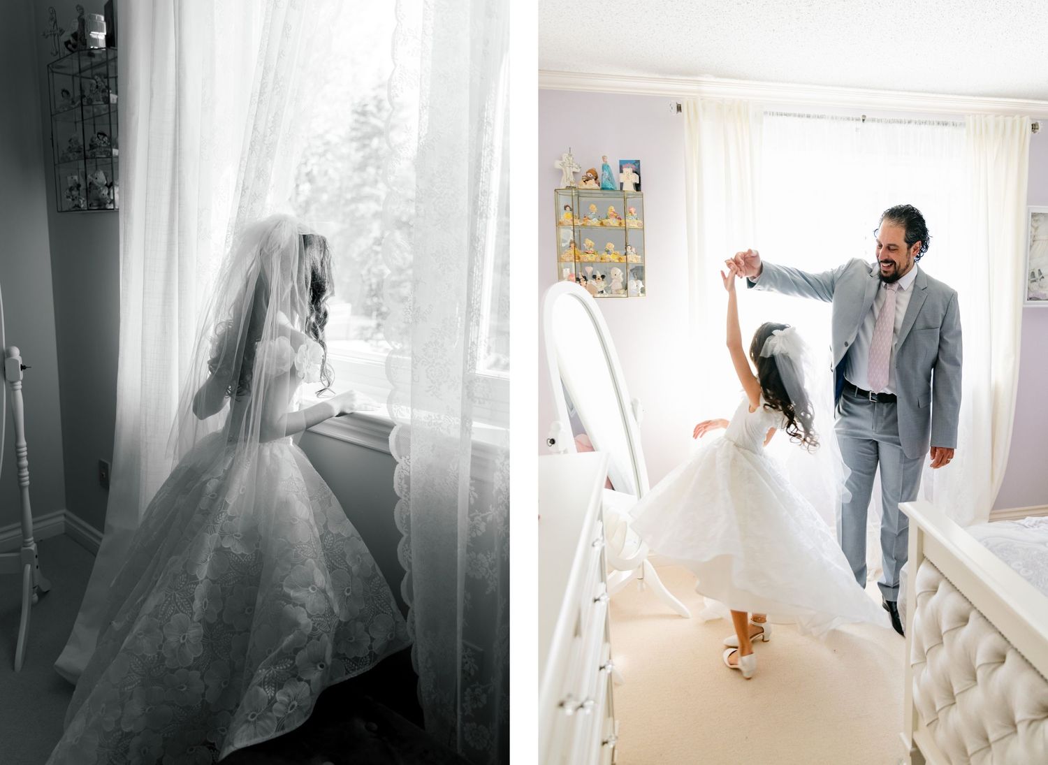 Black and white portrait contrasts with colorful dancing scene in split composition.