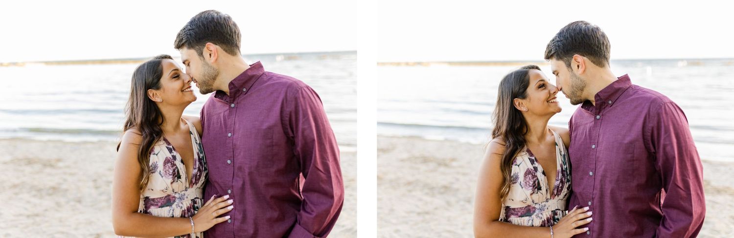 A romantic couple sharing kisses on a beach during golden hour.