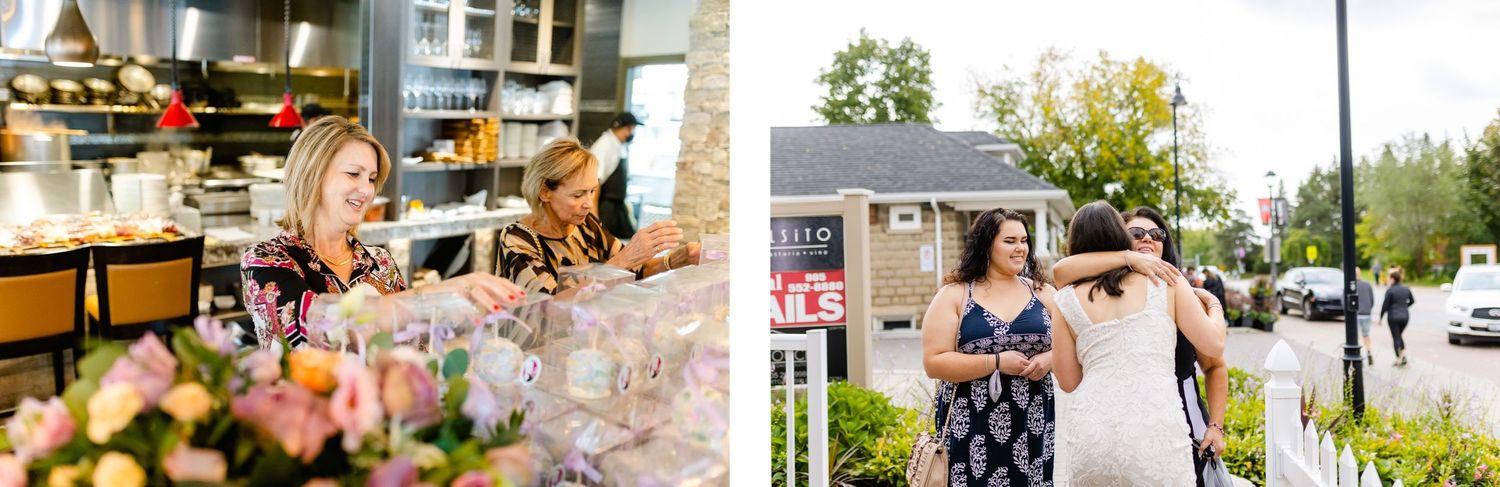 Two side-by-side photos of a celebratory gathering with flowers and festive decorations.