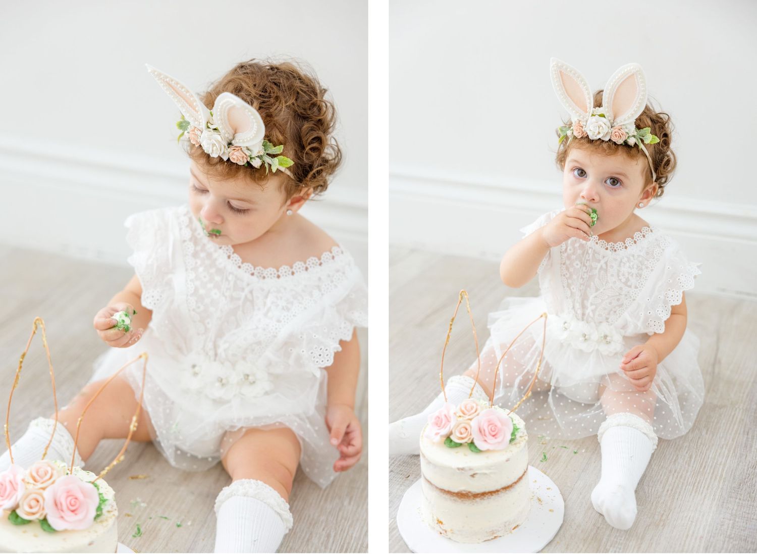 Collection of candid moments with cake and floral bunny ear crown.