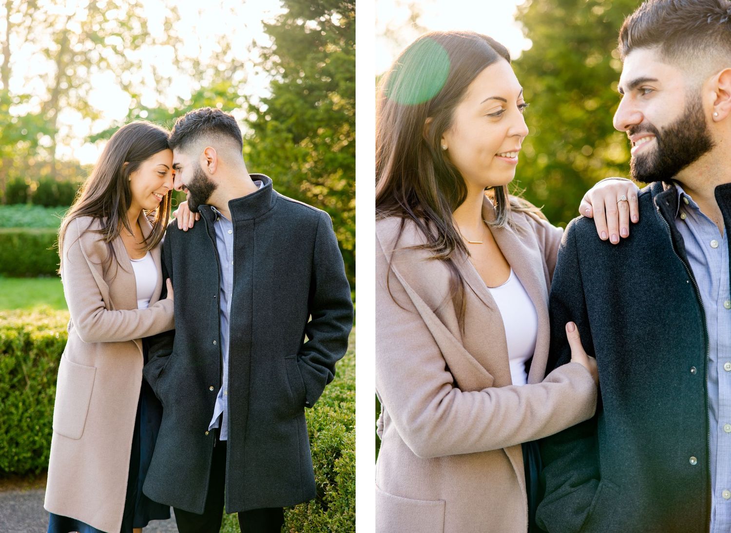 Couple sharing an intimate moment outdoors in autumn wearing coordinating coats.