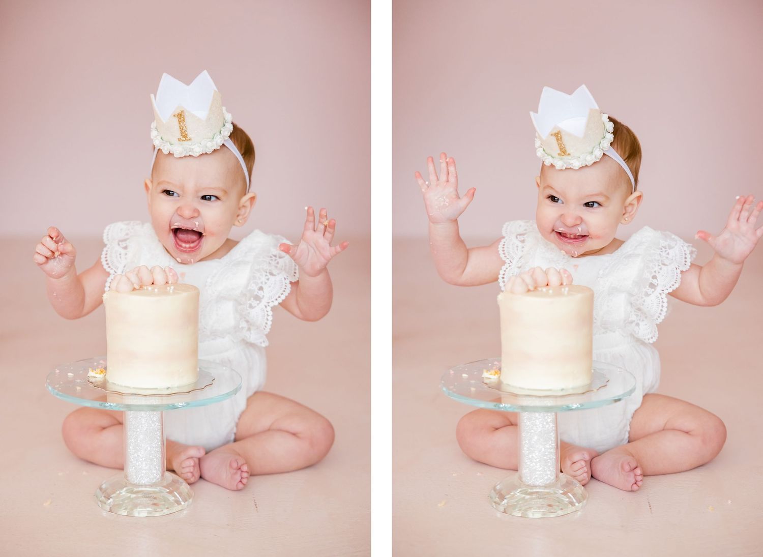 Split image showing excited reactions during first birthday cake smash photo session.