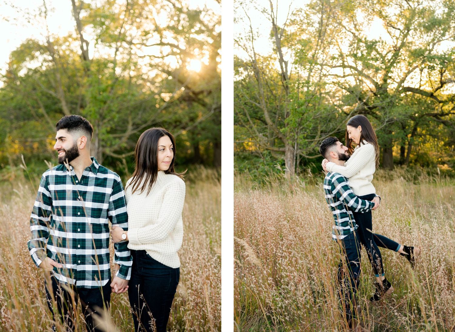 Playful couple enjoying autumn photoshoot in field with golden sunset light.