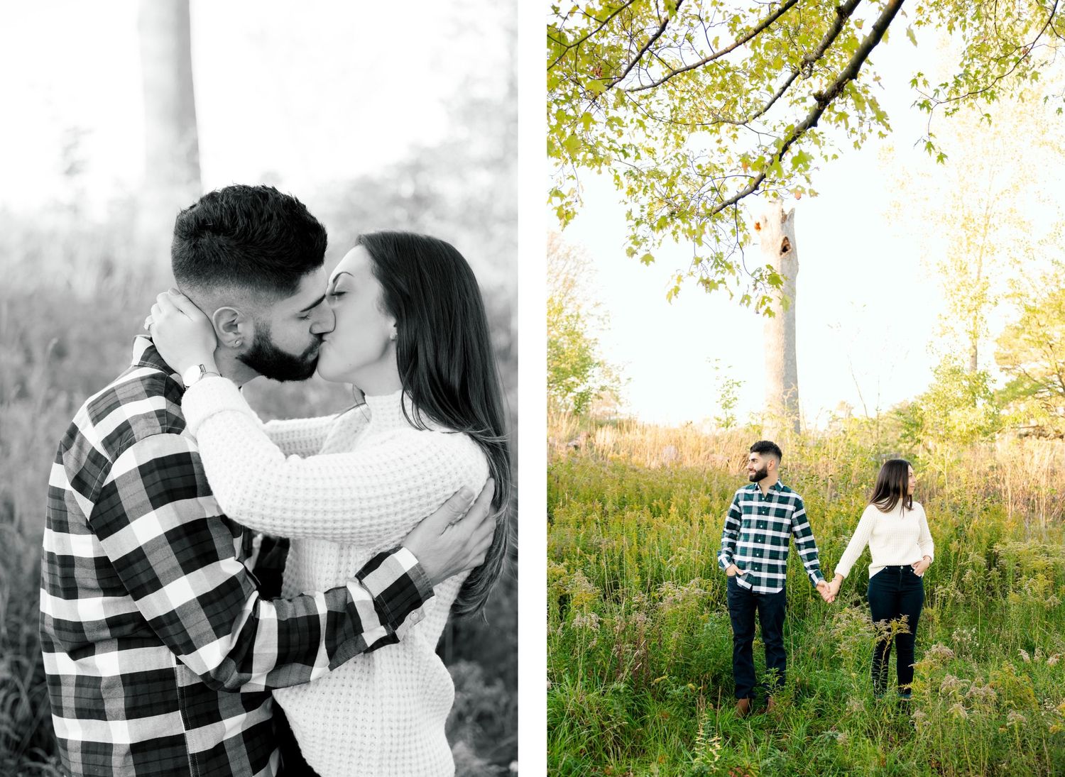 Side by side photos of couple embracing in black and white and walking through autumn field.