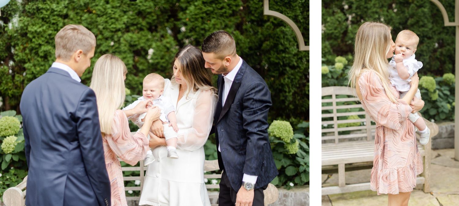 Outdoor celebration moments captured in a garden setting with natural greenery.
