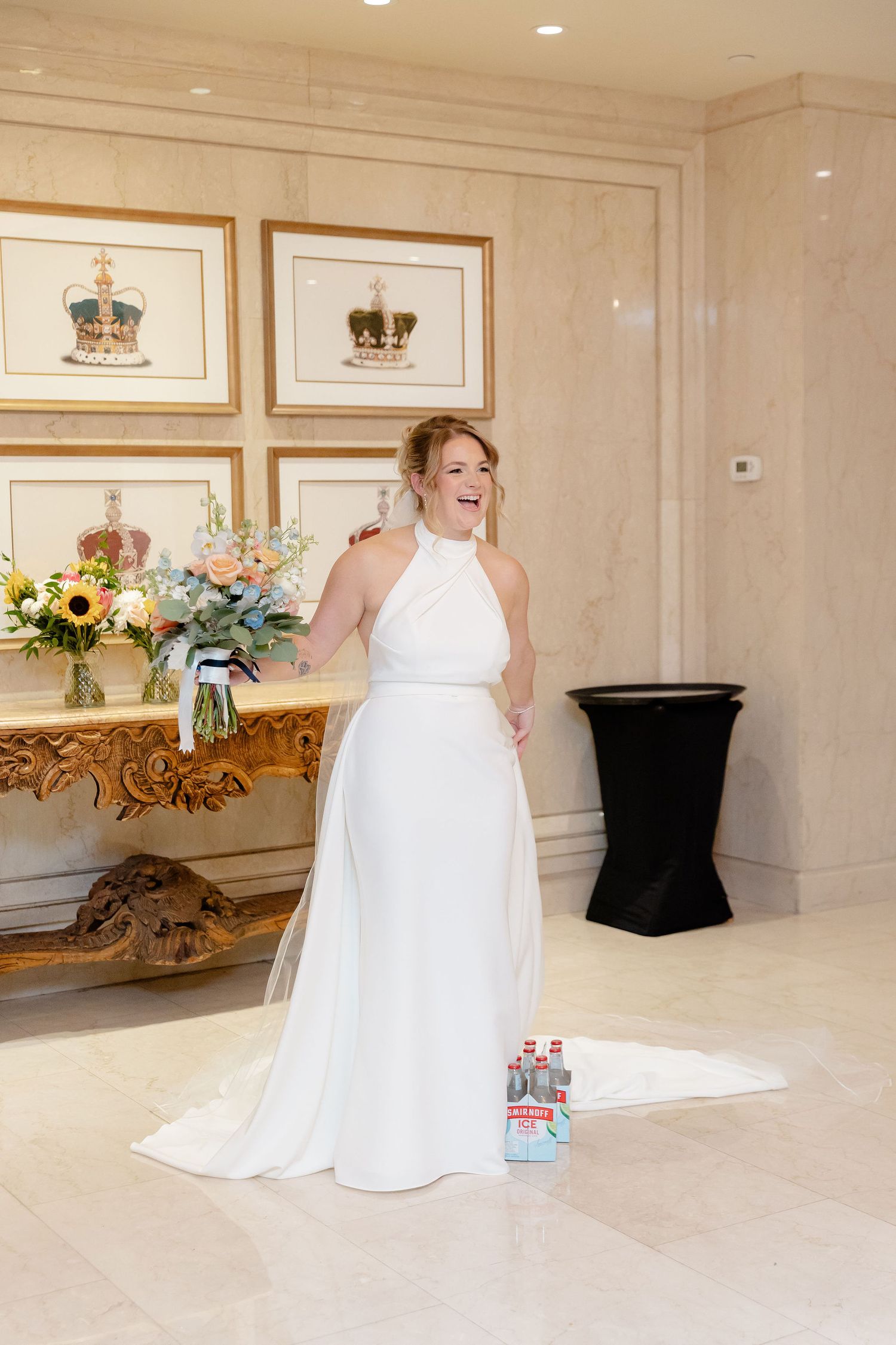 A series of photos showing people in formal white dresses posing in an elegant cream-colored room with gold-framed artwork.