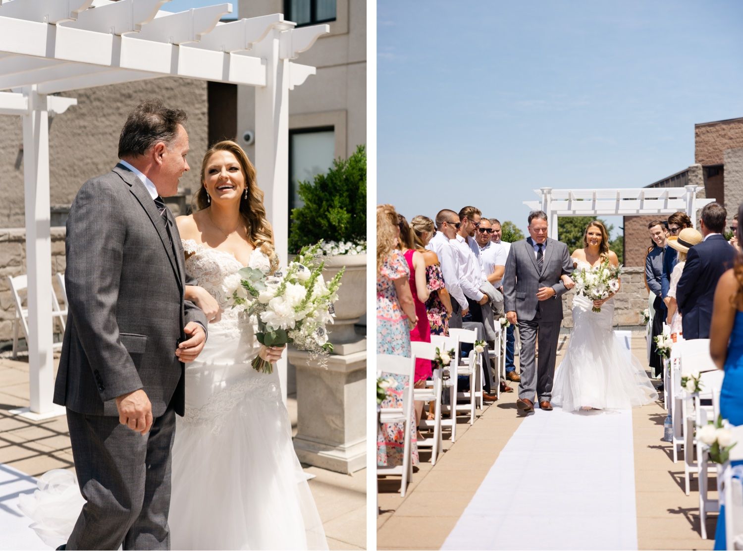 Split view of outdoor wedding ceremony moments with white decor and guests seated on both sides.
