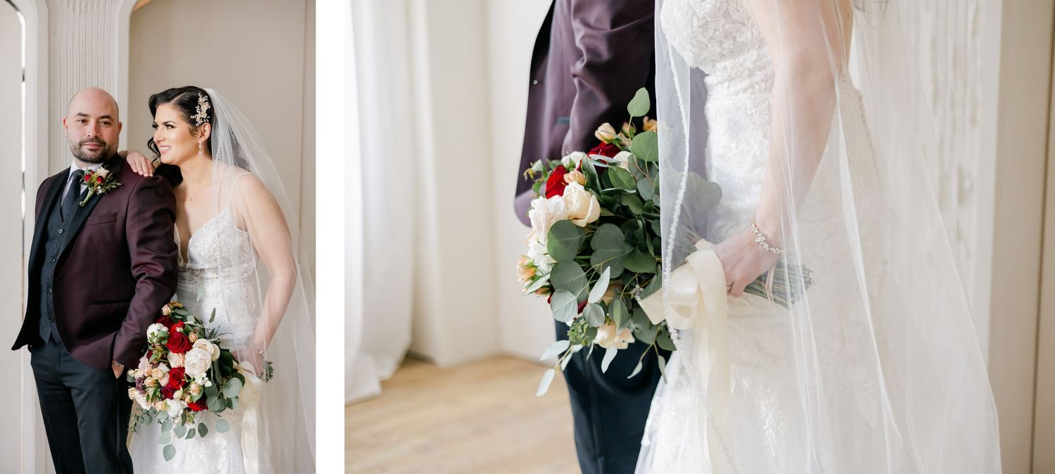Series of romantic wedding portraits captured under white architectural arches.