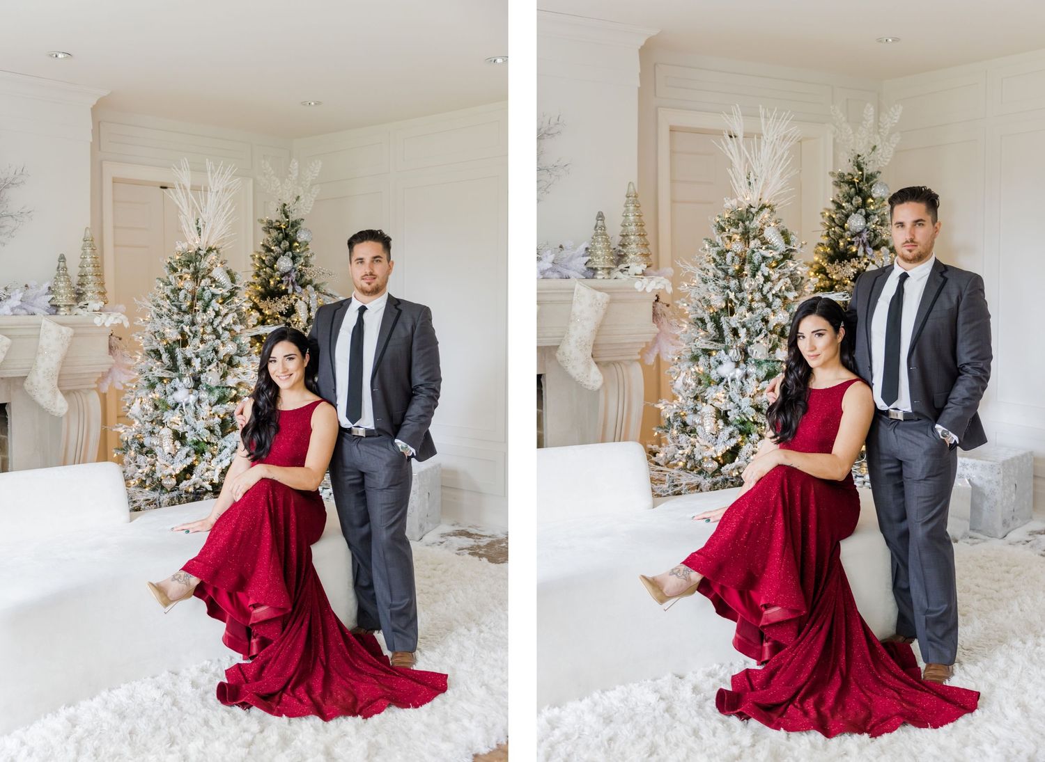 Side-by-side festive poses showing movement of red gown against white Christmas decor.