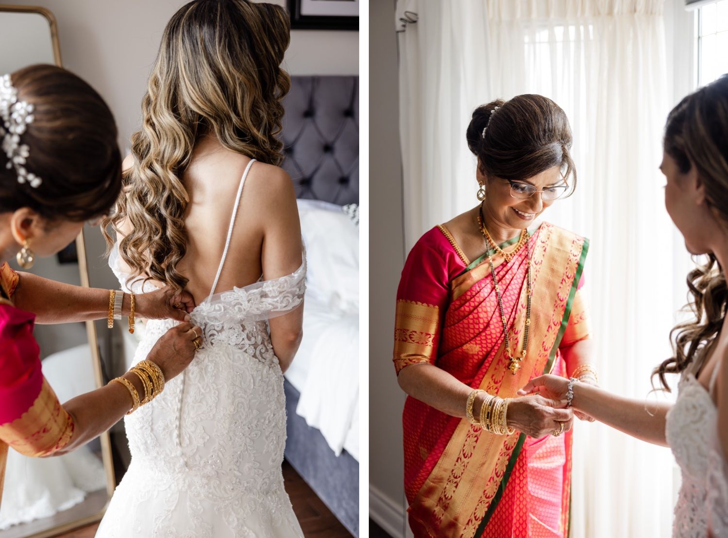 Wedding preparations showing a lace dress being fastened and cultural dress elements coming together.