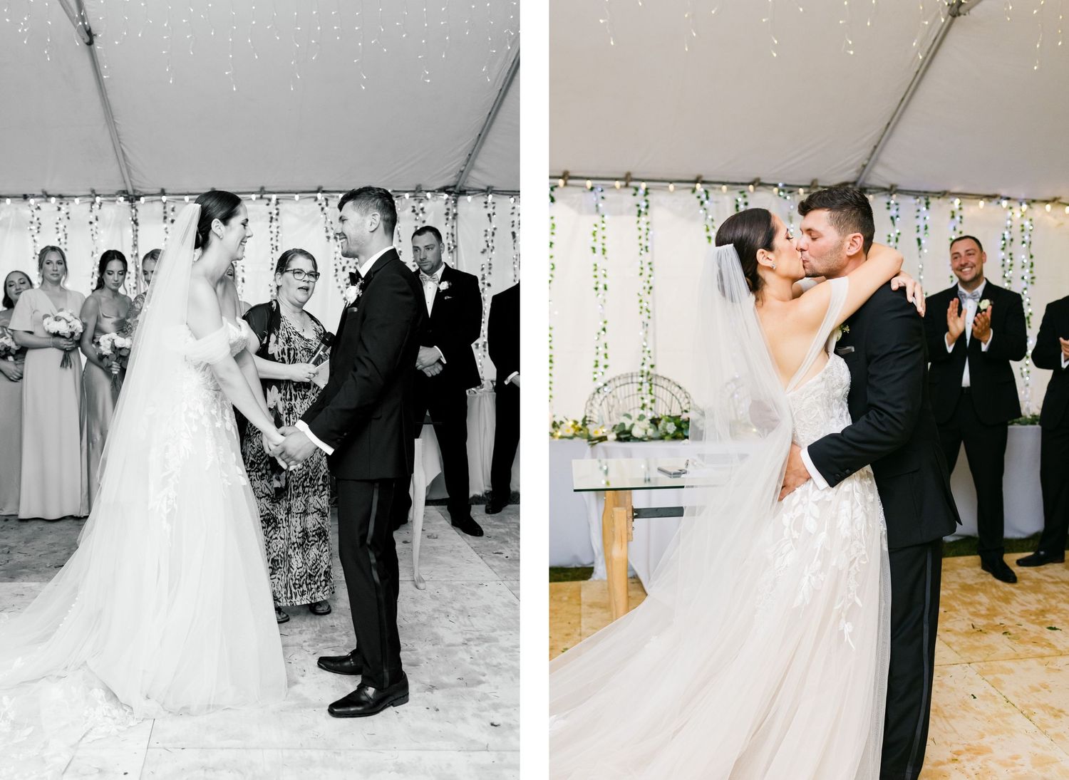 Side by side wedding ceremony photos showing couple celebrating after exchanging vows.