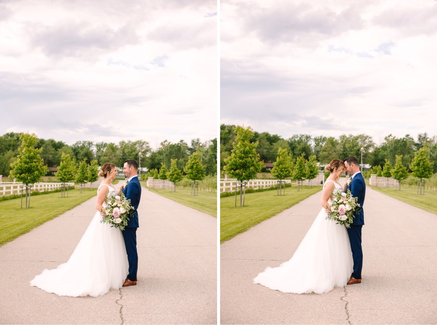 Wedding portraits on paved path with white fencing and trees.