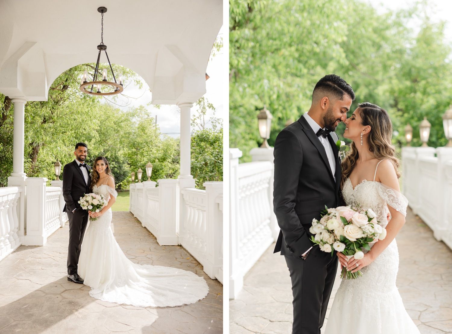 Wedding portraits showing a couple under a covered porch and in an outdoor garden setting.