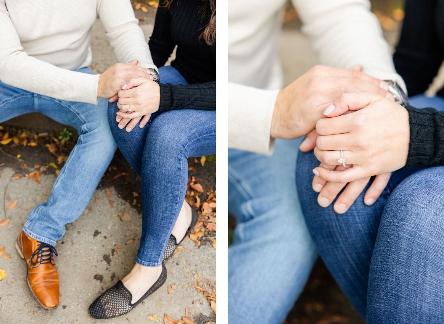 Close-up of hands clasped together while sitting on wooden steps outdoors.