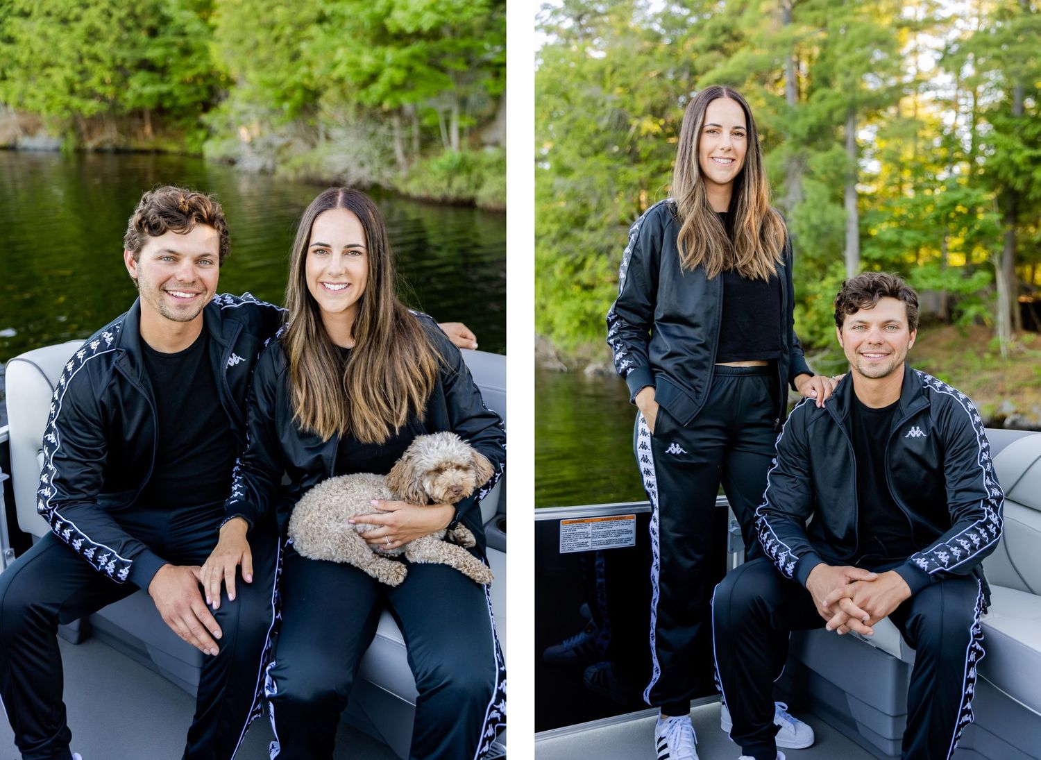 Couple in matching dark outfits posing with small dog on dock.