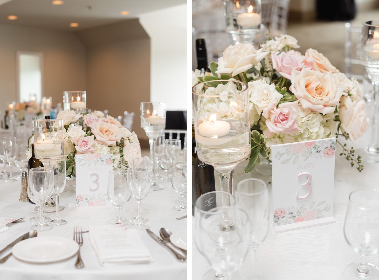 Wedding reception tables with soft pink rose centerpieces and crystal glassware.