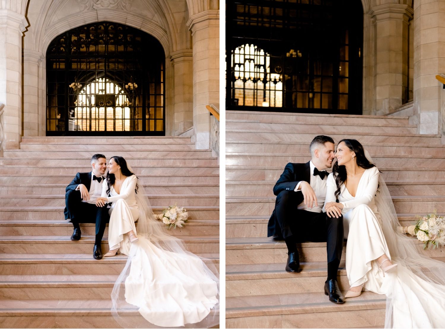 Romantic wedding portraits on stone cathedral steps with elegant archways and natural light.