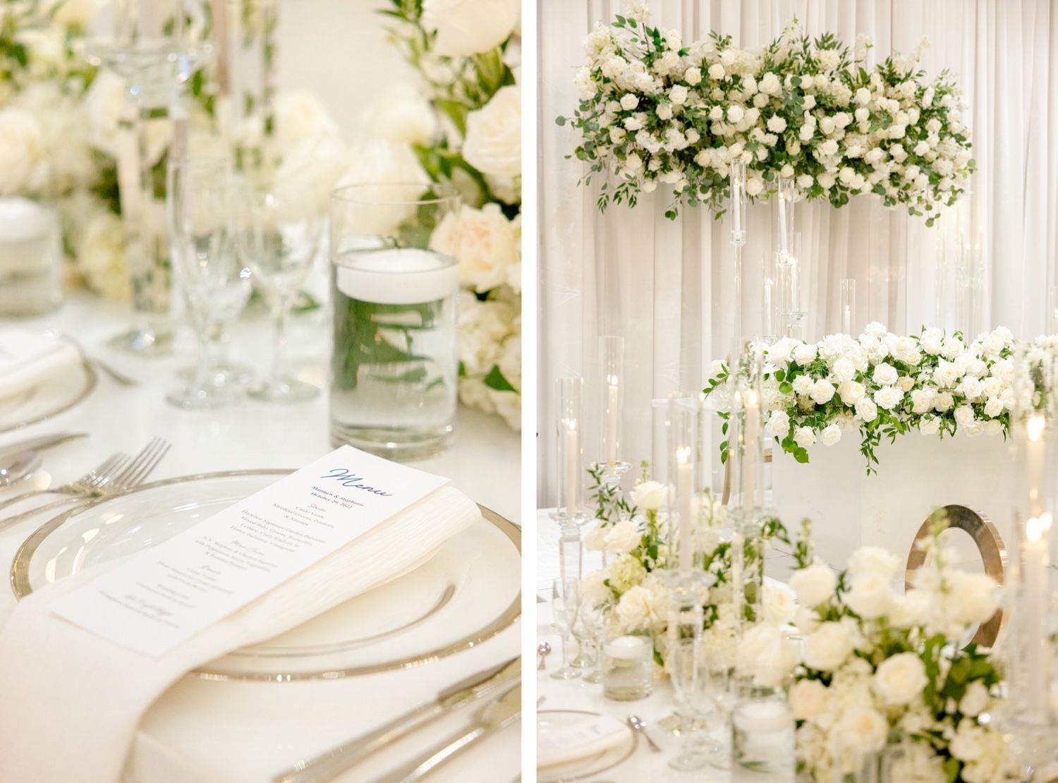 Close-up of elegant wedding table settings with white floral centerpieces and crystal glassware.
