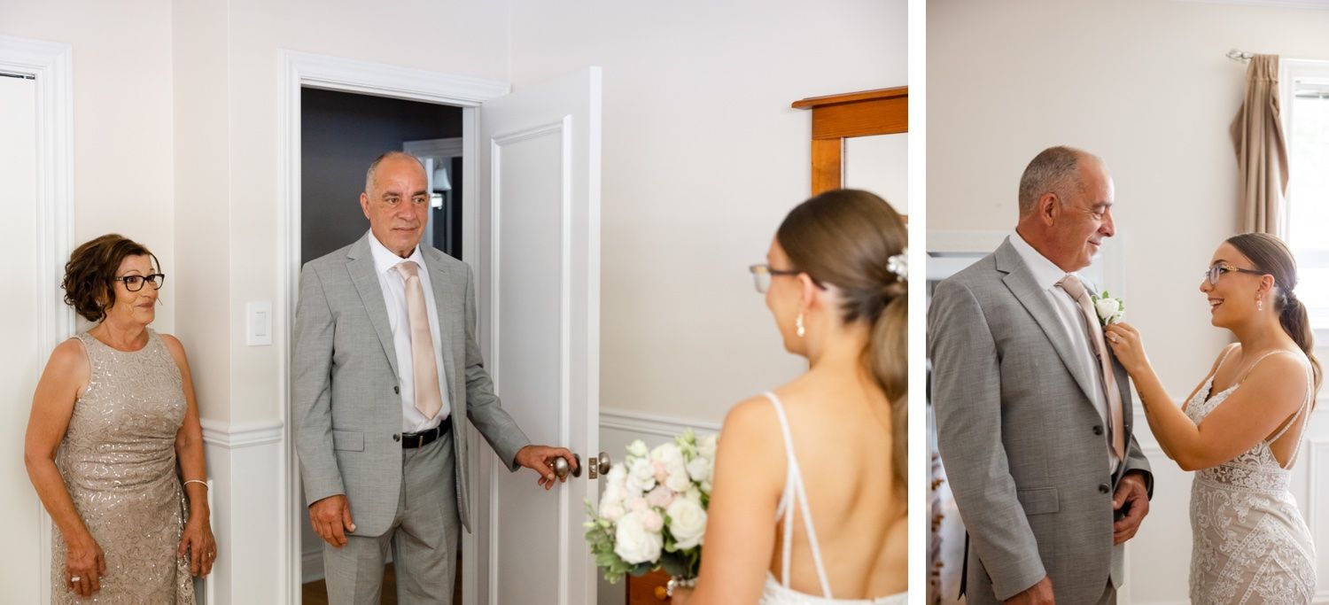 An emotional first look between family members in a white room during wedding preparations.