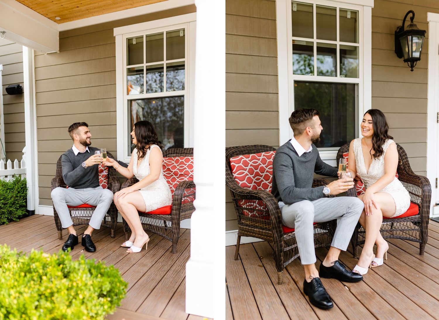Two people enjoy drinks together on a front porch with white columns.