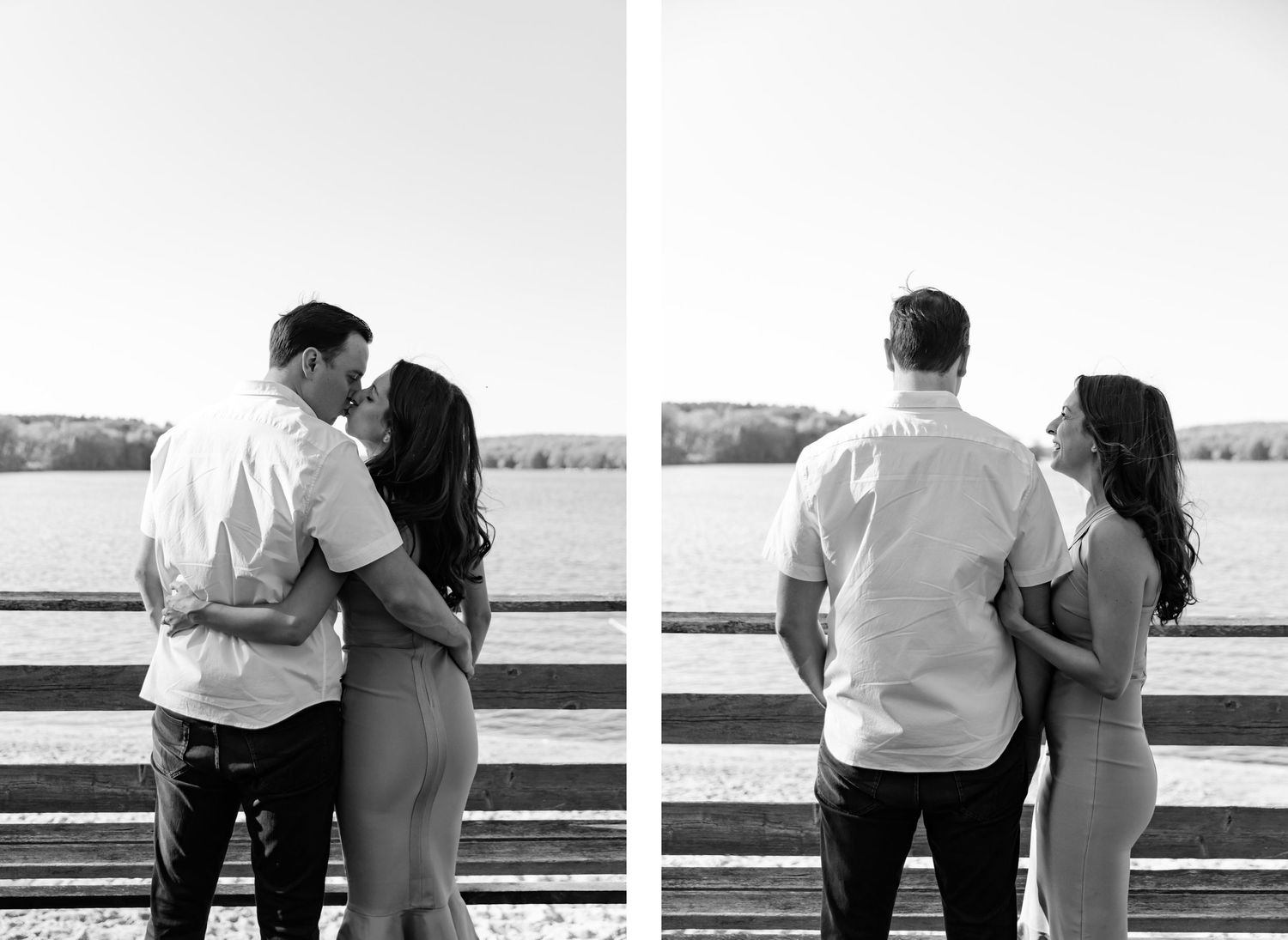 Black and white photos of couple embracing while looking out over waterfront railing.